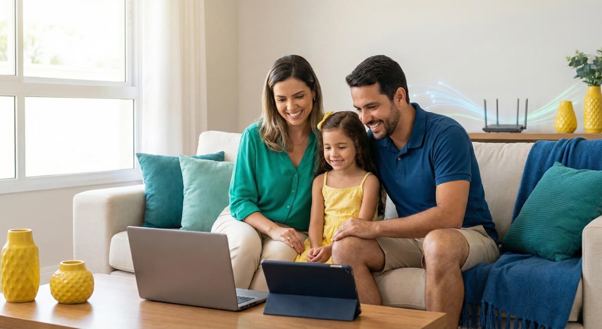 Família feliz usando internet Algar